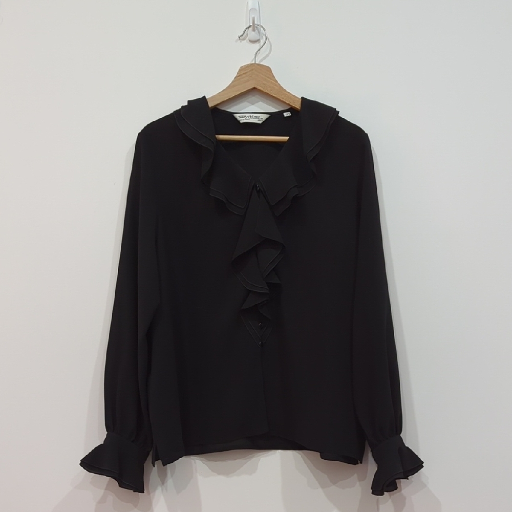 Vintage French Designer Marie Clémence Ruffle Light Black Polyester Blouse
